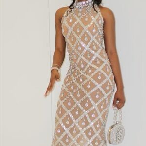 Silver Stones Brown Mesh Dress Halter Sleeveless Evening Dress